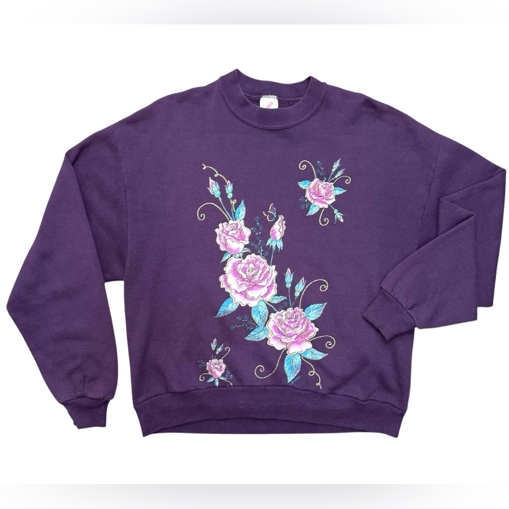 Vintage Jerzees Floral Sweatshirt L Purple Roses USA Made 80s 90s Cottagecore